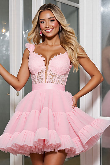 Light Pink Tulle Corset Appliqued A Line Short Homecoming Dress